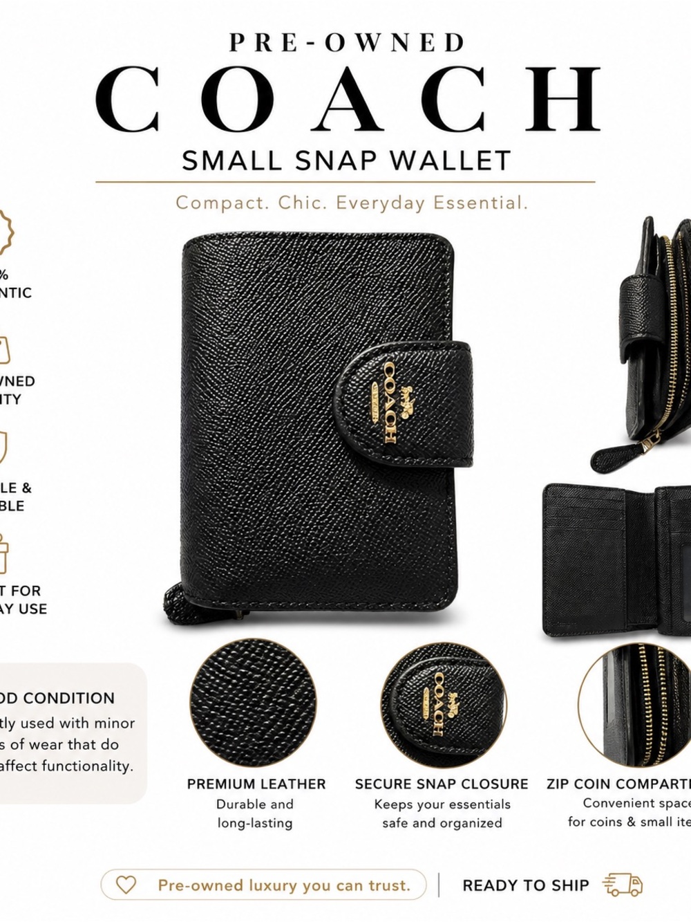 pre owned COACH Small Snap Wallet - Black